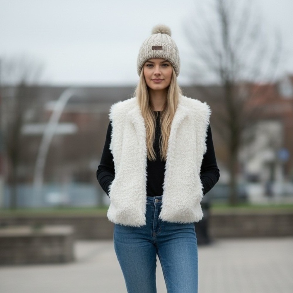 Barbour Saltburn Beanie NWOT Knit Hat OS Pearl Cream Faux Fur Pom Pom